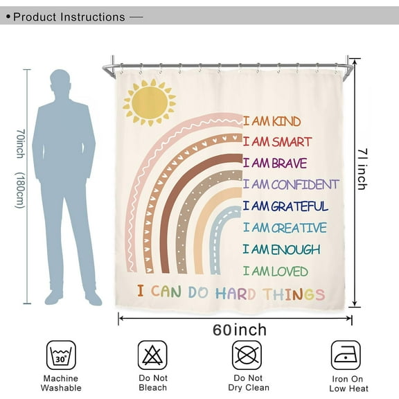 Kids Boys Inspirational Shower Curtain Set 72Wx72H Inches Funny Bathroom Rules Motivational Quotes Positive Cute Girls Waterproof Bathroom Curtain with 12 Hooks