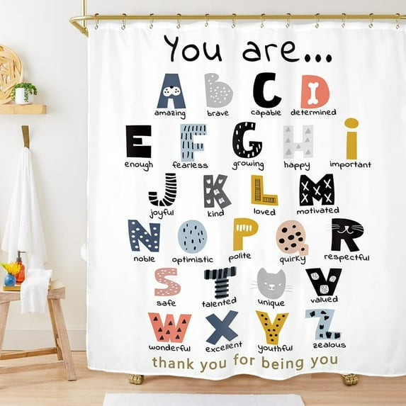 Kids Boys Inspirational Shower Curtain Set 72Wx72H Inches Funny Bathroom Rules Motivational Quotes Positive Cute Girls Waterproof Bathroom Curtain with 12 Hooks