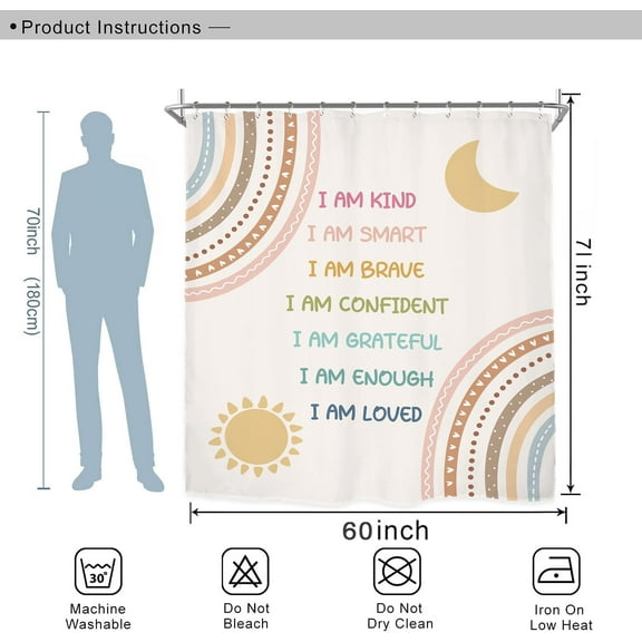 Kids Boys Inspirational Shower Curtain Set 72Wx72H Inches Funny Bathroom Rules Motivational Quotes Positive Cute Girls Waterproof Bathroom Curtain with 12 Hooks
