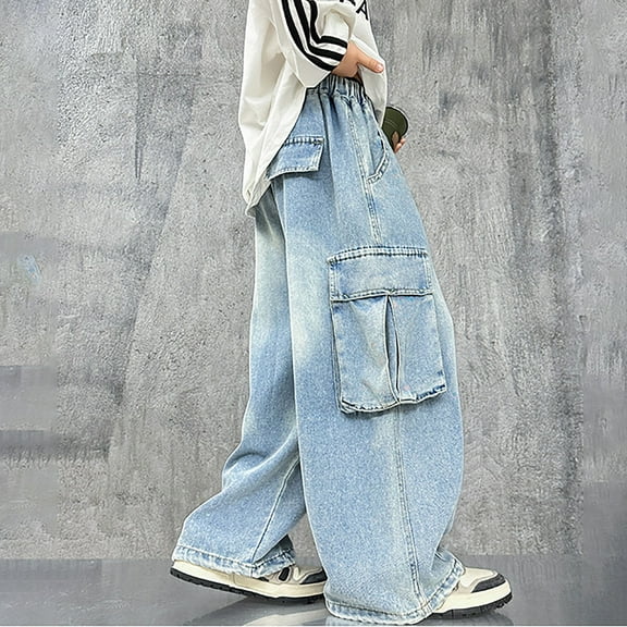 Kids Boys Jeans Baggy Cargo Pants Elastic High Waisted Straight with Pocket Classic Fit Pull On Preemie Baby Boy Clothes 4-5 Years