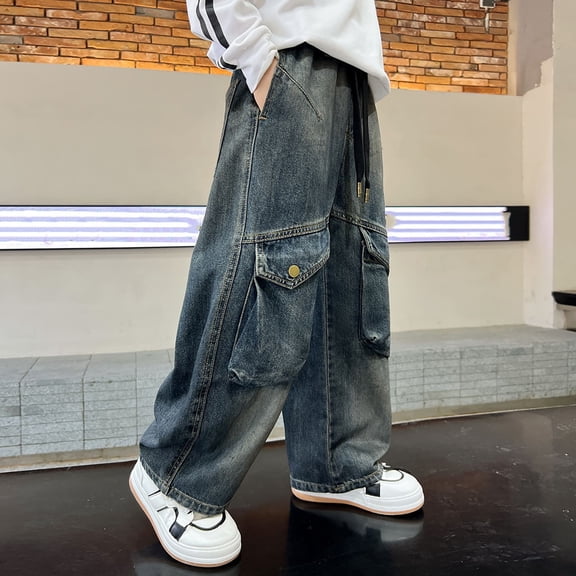 Kids Boys Baggy Jeans Cargo Jogger Pants High Elastic Waisted Straight with Pocket Classic Fit Pull-On 5-6 Years Boys Clothes
