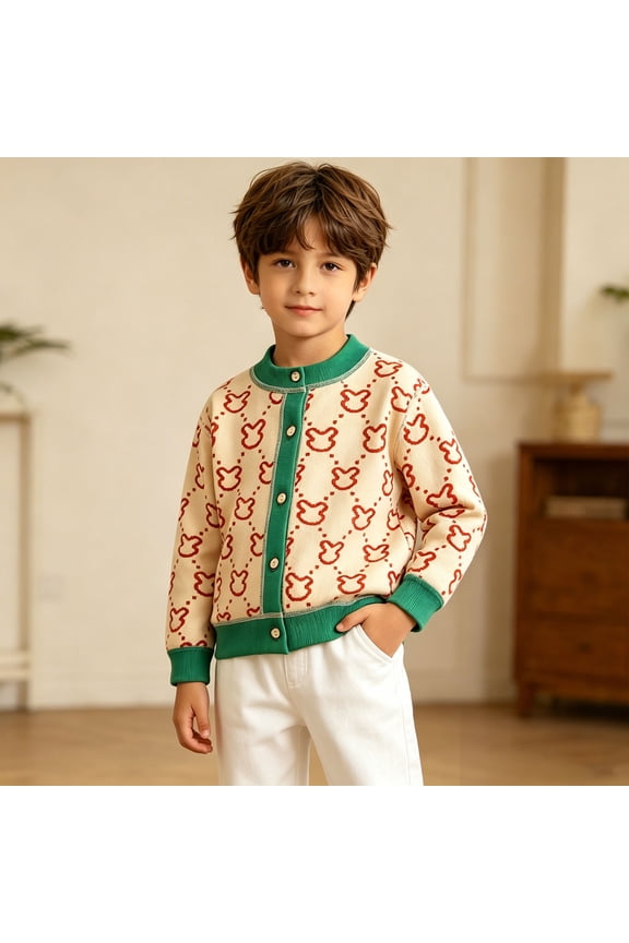 Kids Boys Knit Cardigan Sweater Button Front Crew Neck Beige Bear Print,Size 2-3 T