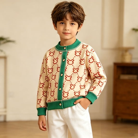 Kids Boys Knit Cardigan Sweater Button Front Crew Neck Beige Bear Print,Size 3-4 T