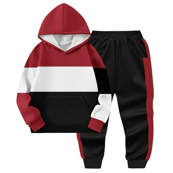 Kids Boys Long Sleeve Hooded Pullover Color Block Sweatshirt + Sweatpants 2PCS Girls Fall Winter Outfit Set New Children Pajamas Red 5 Years