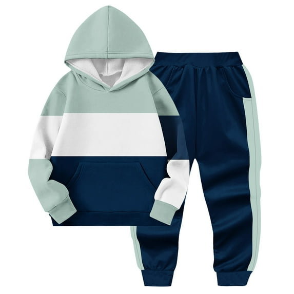 Kids Boys Long Sleeve Hooded Pullover Color Block Sweatshirt + Sweatpants 2PCS Girls Fall Winter Outfit Set New Fall Sets for Girls 2 Piece Outfit Green 7 Years