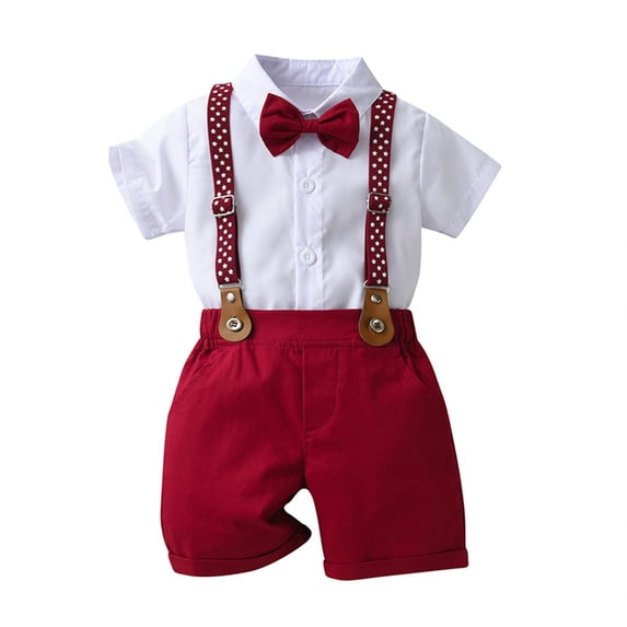 Kids Boys Outfit Sets 2 Piece Summer Solid Color Short Sleeve Shirt Suspender Shorts Gentleman Formal Outfit Size 12
