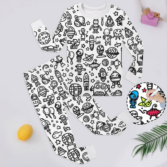 Kids Boys Pajamas Set Kids Coloring Pajamas Long Sleeve 2 Piece Pajamas Set For Boys Girls Sleepwears Perfect For Pajama Party 6-7 Years