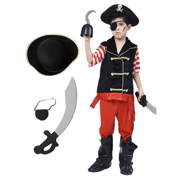 Kids Boys Pirate Costume Captain Buccaneer Fancy Dress up with Hat,Sword,Eye-patch 3-10years