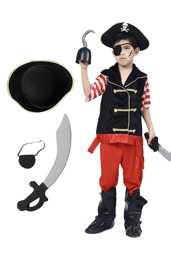 Kids Boys Pirate Costume Captain Buccaneer Fancy Dress up with Hat,Sword,Eye-patch 3-10years