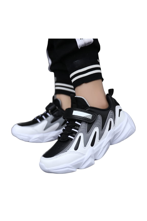 Kids Boys Platform Running Shoes Trendy Splice Leather Sneakers Antislip Basketball Shoes Comfy Trainers Athletic Shoes Black 3.5 Big Kid