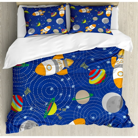 Kids Boys Queen Size Duvet Cover Set, Outer Space Themed Moon Spaceship and UFO Pattern on Bullseye Circles Backdrop, Decorative 3 Piece Bedding Set with 2 Pillow Shams, Multicolor, by Ambesonne