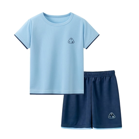 Kids Boys Quick Dry Mesh 2-Piece Athletic Set, Short Sleeve Crew Neck T-Shirt & Shorts, Breathable Summer Sportswear Size 100-150 Blue