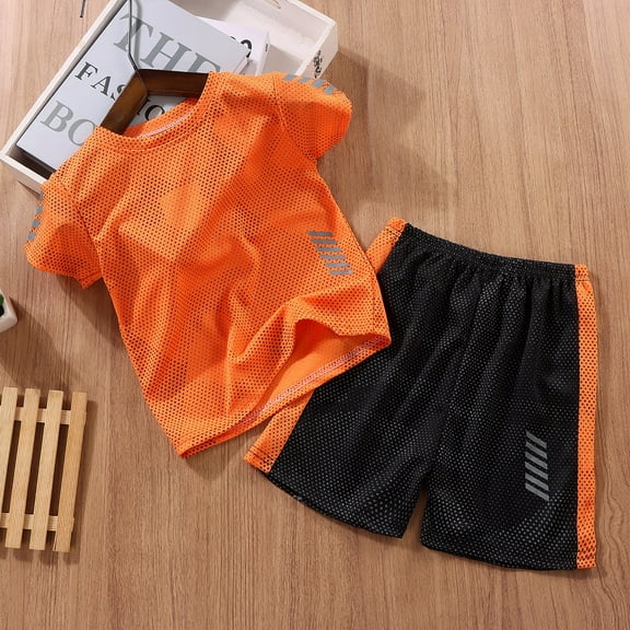 Kids Boys Quickly Dry 2 Piece Sport Tracksuit Short Sleeve Tee & Shorts Set (Orange 13-14 Years)