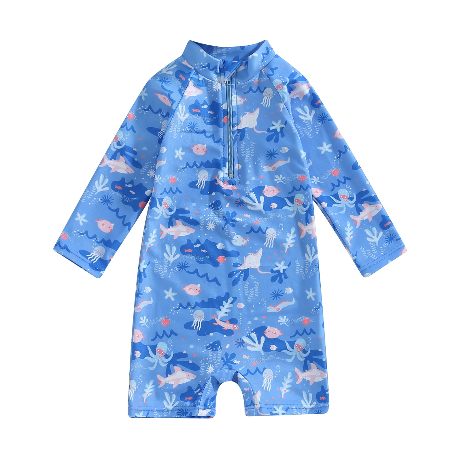 Kids Boys Rash Guard, Long/Short Sleeve Fish Print Summer Swimsuit Swimwear with Swimming Cap