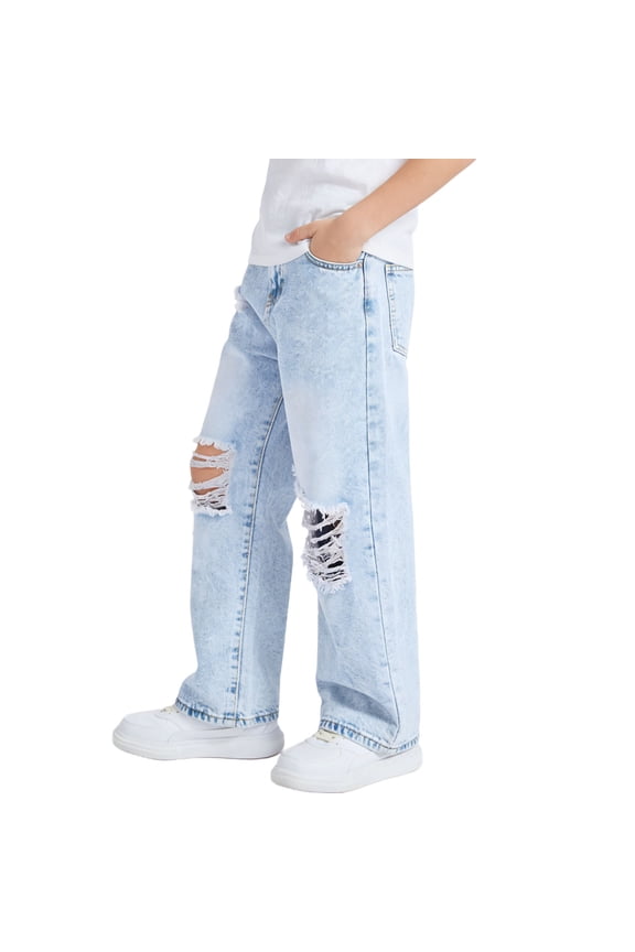 Kids Boys Ripped Jeans Loose Fit Distressed Denim Pants Straight Leg Casual Trousers for Outdoor Play Outfits, 6Y-13Y