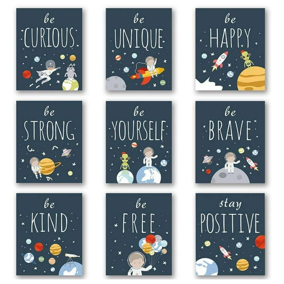Kids Boys Room 9 Pieces Outer Space Wall Art Prints Spaceship Planet Rocket Posters Motivational Quotes Inspirational Pictures Decor for Playroom, Nursery Room, Bedroom, Classroom, 8"x 10", Unframed