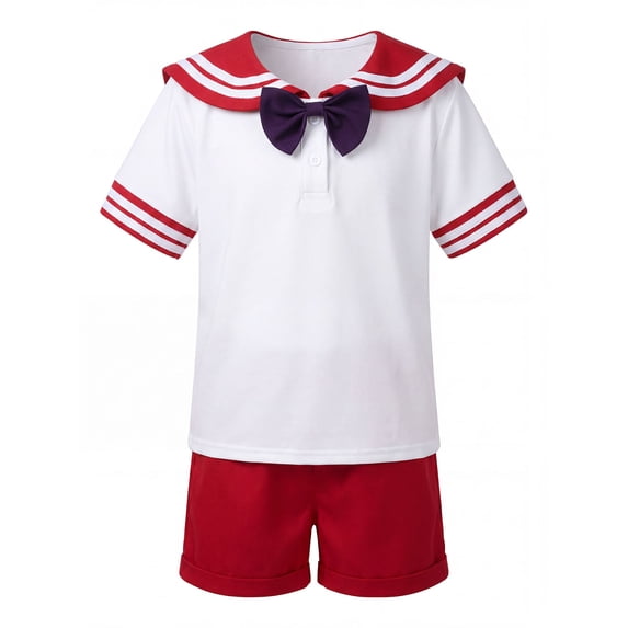 Kids Boys Sailor-Style Uniform Set Shirt Shorts Bow Tie Outfits Size 5-12 Red-A