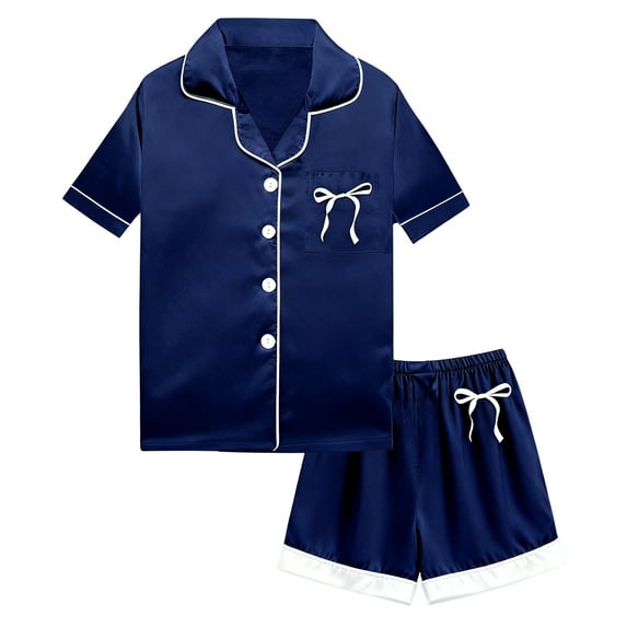 Kids Boys Satin Pajamas Set Bow Print Short Sleeve Button Down Nightwear with Shorts Set Girls Casual Pajamas Set Pjs for Girls Size 12-13 years