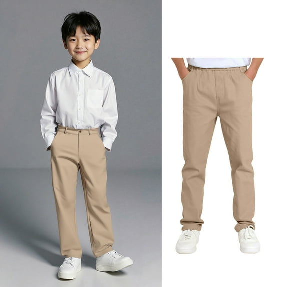 Kids Boys School Uniform Pants Straight Pants With Pockets Pull On Chino Pants Stretch Pants Beige Uniform Pants Boys Back To School Clothes Kids Boys Pants Size 9-10 Years