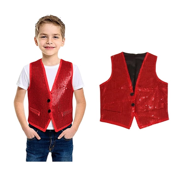 Kids Boys Sequin Vest Sleeveless Red Vest Shiny Dance Vest Hip Hop Jazz Dance Party Shirts Outerwear 6-10 Years