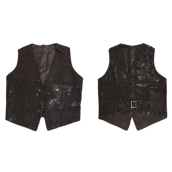 Kids Boys Sequin Vest Sleeveless V Neckline BlackVest Shiny Dance Vest Hop Jazz Modern Dance Stage Performance Vest Waistcoat 7-8 Years
