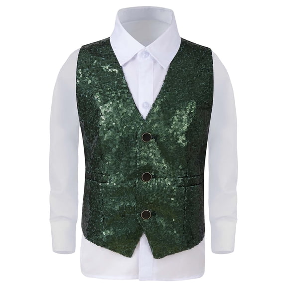 Kids Boys Sequin Vest Sleeveless V Neckline GreenVest Sparkly Vest Hip Hop Jazz Dance Party Performance Party 4-5 Years
