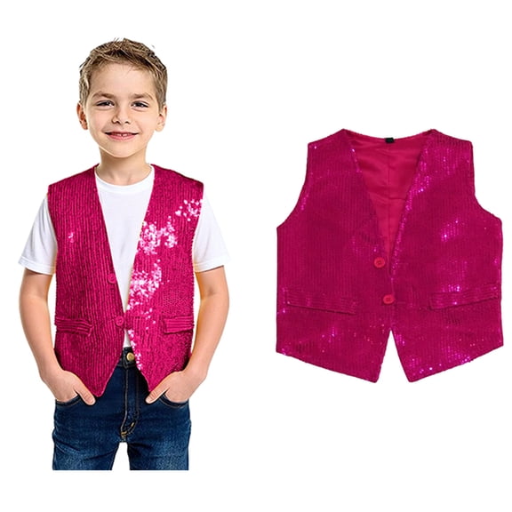 Kids Boys Sequin Vest Sleeveless V Neckline Hot PinkVest Shiny Dance Vest Jazz Hip Hop Disco Party Performance Party 6-10 Years