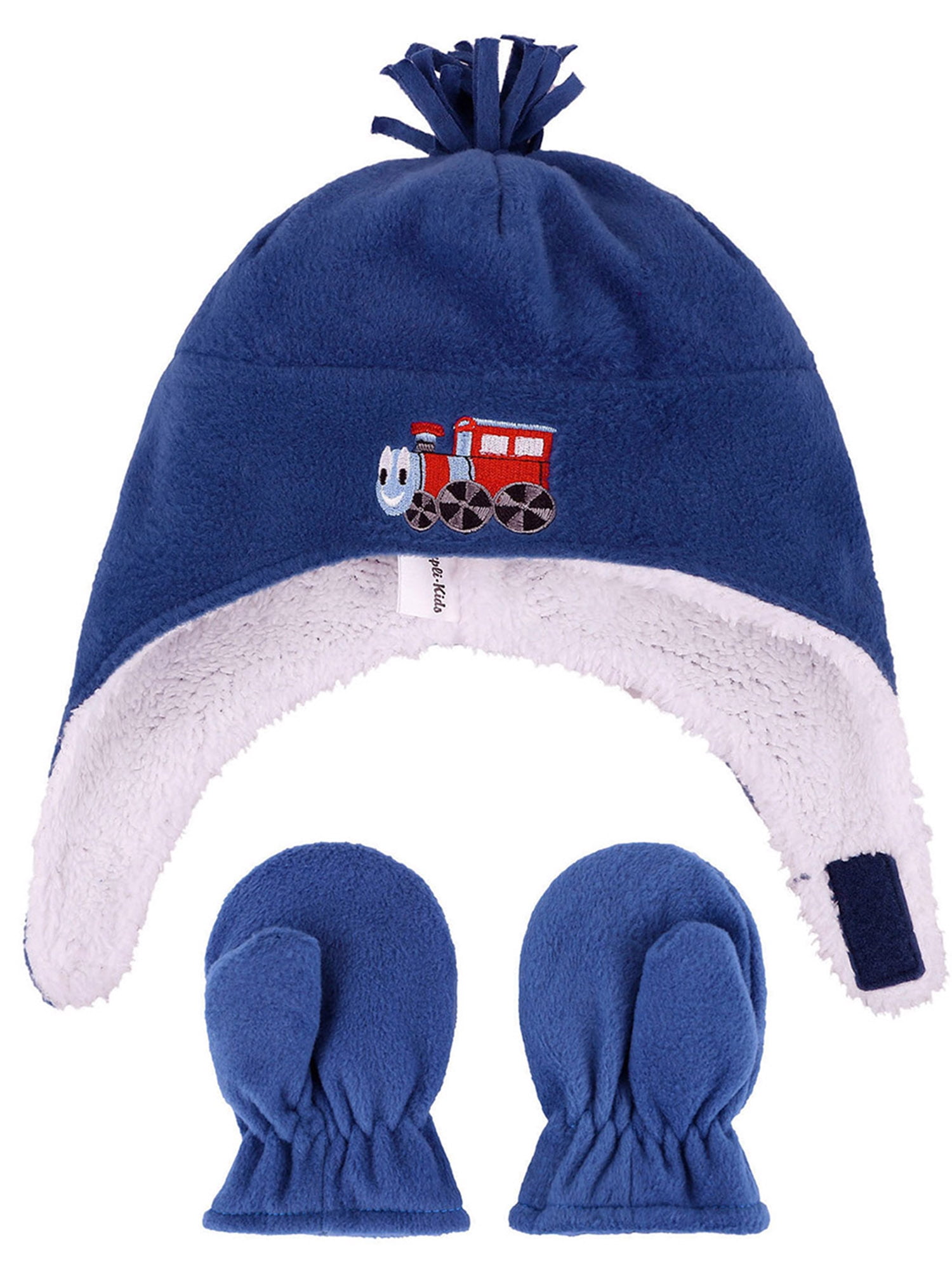 Kids Boys Sherps Lined Embroidered Fleece Hat Mitten Set Train M