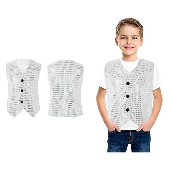 Kids Boys Shiny Sequins Vest Sleeveless V Neck Button Jacket Vest for Cheer Jazz Party Performance 4-5 Years