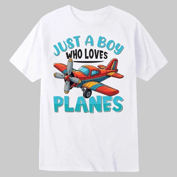 Kids Boys Shirt Just a Boy Who Loves Planes Funny Print Short Sleeve T-shirts (White 12-13 Years)