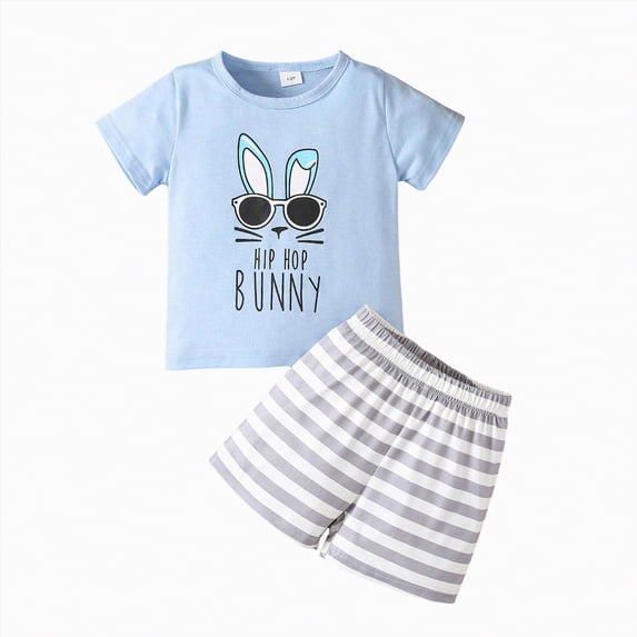 Kids Boys Short Outfit Summer Cute Bunny Print with Elastic Waist Striped Shorts Clothing Sets Toddler Easter Clothes