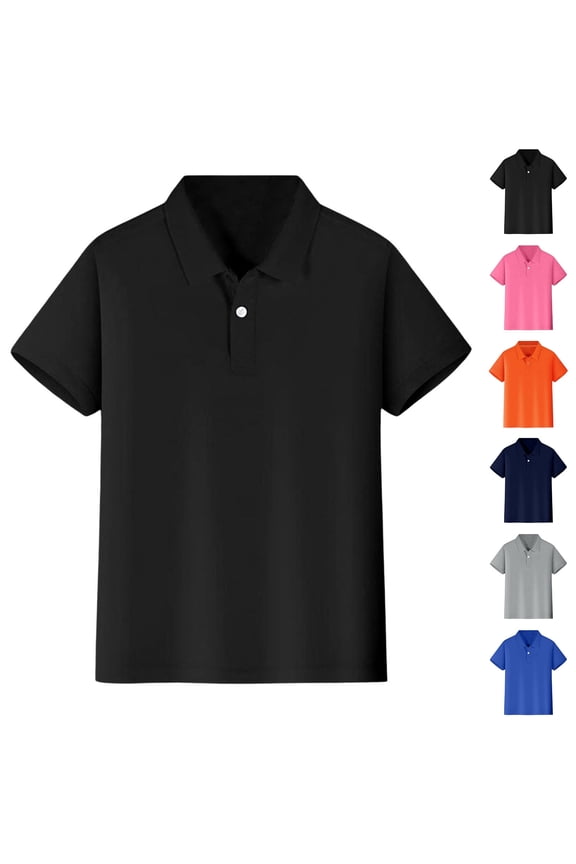 Kids Boys Short Sleeve Polo Shirts Button Closure Comfortable Uniform Shirts (Black 4-5 Years)