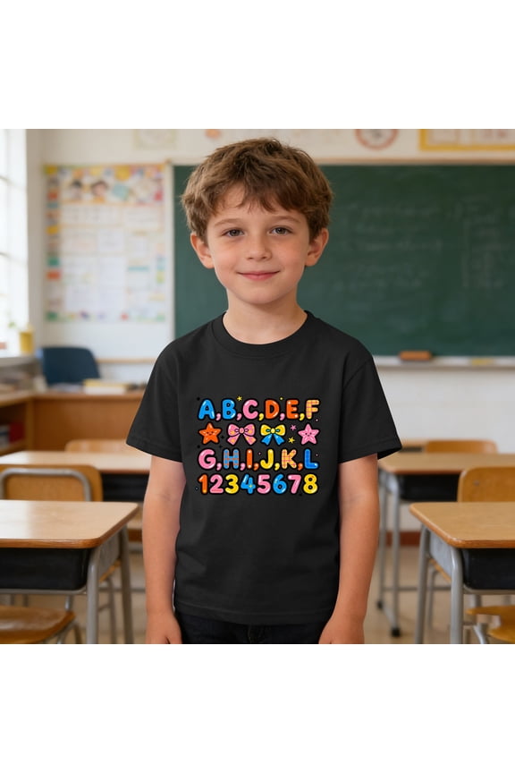 Kids Boys Short Sleeve T-Shirt Graphic Cotton Crew Neck Tee with Letters Numbers Black,Size 5 T