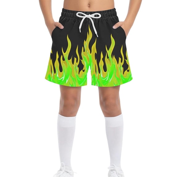 Kids Boys Shorts Breathable Drawstring Elastic Waistband Flame Print Athletic Shorts for Sports Running, 4T-15Y