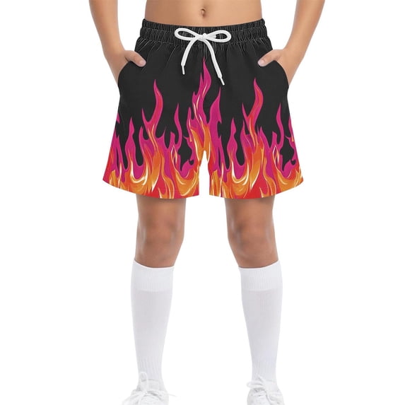 Kids Boys Shorts Breathable Drawstring Elastic Waistband Flame Print Athletic Shorts for Sports Running, 4T-15Y