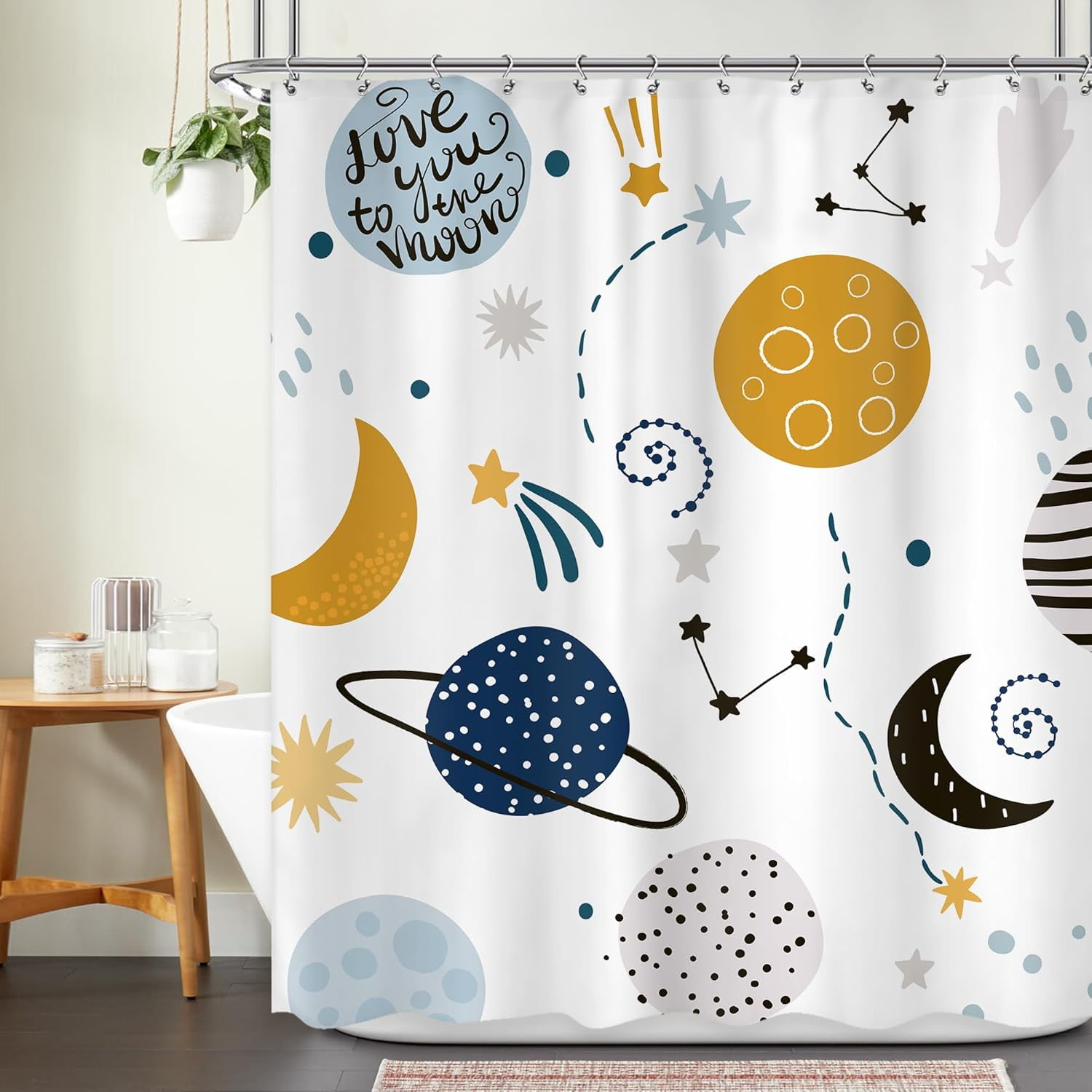 Kids Boys Shower Curtain Cartoon Planet Cute Universe Galaxy Space Moon Kid Shower Curtain Bathroom Set Baby Print Cosmos for Boys Girls Kids Bath Curtain Accessories Decor 72Wx72L