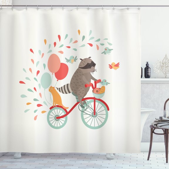 Ambesonne Cartoon Shower Curtain, Cheerful Raccoon Bike, 69"Wx70"L, Multicolor