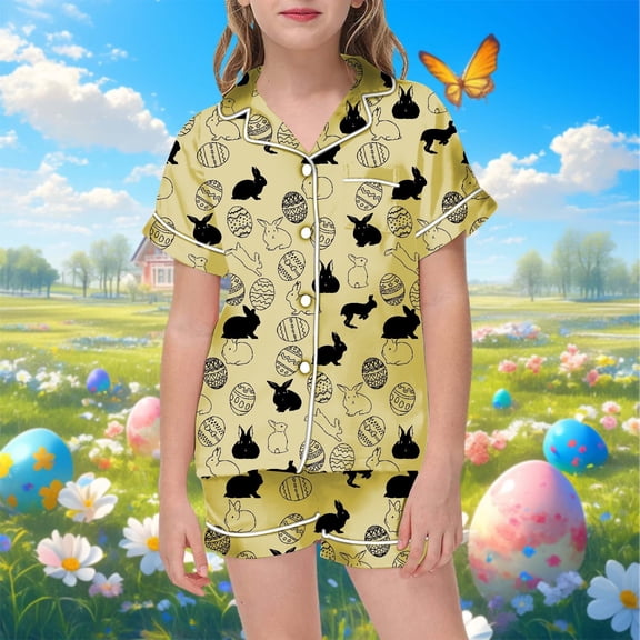Kids Boys Silk Pajamas Set Bunny Summer Sleepwear Button Down Shorts Set Toddler Girl Sleepwear Tween Pajamas 5T
