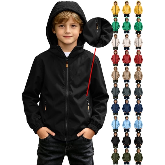 Kids Boys Solid Color Hooded Zip-Up Jacket with Pockets Long Sleeve Waterproof Outdoor Coat