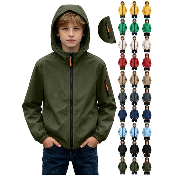 Kids Boys Solid Color Hooded Zip-Up Jacket with Pockets Long Sleeve Waterproof Outdoor Coat