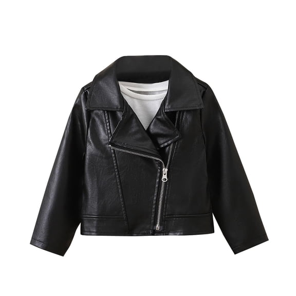 Kids Boys Solid Color PU Leather Jacket Long Sleeve Outerwear for Fall and Winter, Stylish Turn Down Collar, Comfortable Fit, Perfect for Daily Wear Black 100