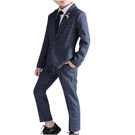 Kids Boys Solid Color Shirt Jacket Long Pants Tie Brooch Set for Special Occasions - Comfortable Formal Outfit with Long Sleeves and Elegant Design Blue 100