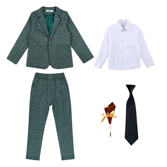 Kids Boys Solid Color Shirt Jacket Long Pants Tie Brooch Set for Special Occasions - Comfortable Formal Outfit with Long Sleeves and Elegant Design Green 110