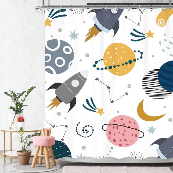 Kids Boys Space Shower Curtain 72Wx72L Inch Cute Cartoon Pink Planet Universe Funny Galaxy Rocket Star Moon Girl Cosmos Lovely Nursery Bathroom Set Bath Curtain Bathtub Accessories Home Decor