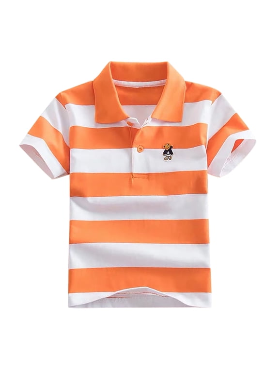 Kids Boys Striped Short Sleeve Polo Shirts Casual Turn-down Collar Pique Tops Breathable Button Placket Tees for School Daily Play
