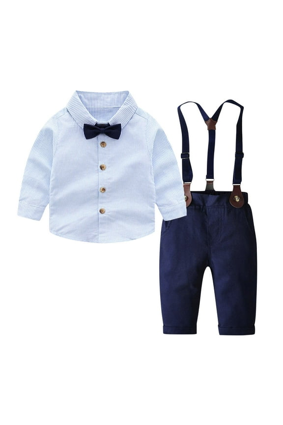 Kids Boys Striped Suit Outfit Long Sleeve Button Down Shirt & Suspender Pants 2-Piece Set Fashionable Wear for Party Wedding