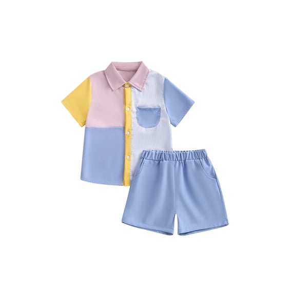 Kids Boys Summer Clothes Contrast Color Short Sleeve Turn-Down Collar Shirts Tops and Solid Color Shorts 2Pcs Suit