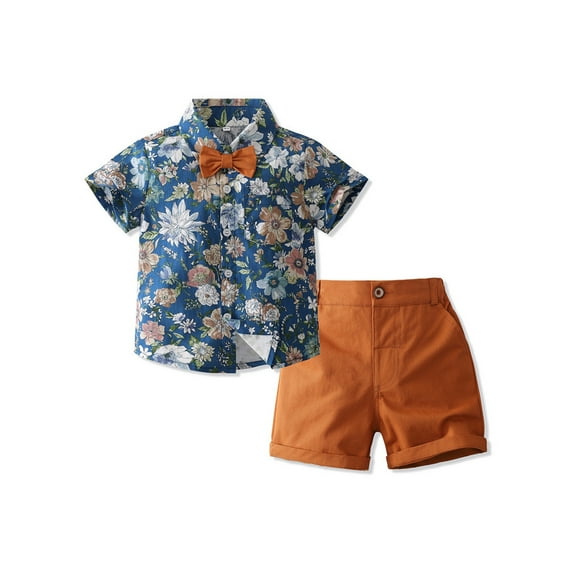 Kids Boys Summer Clothes Flower/Leaves Print Short Sleeve Bowtie Turn-Down Collar Shirts Tops Shorts 2Pcs Suit