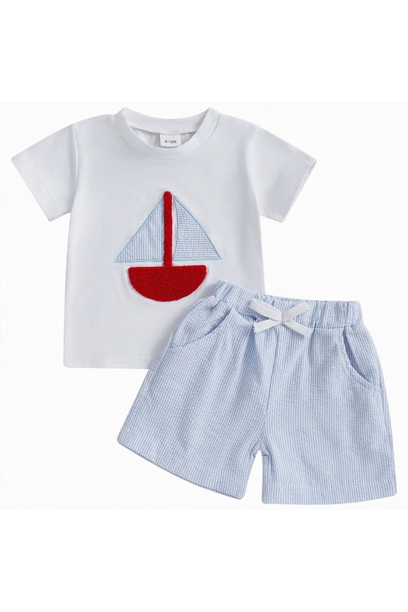 Kids Boys Summer Clothes Toddler Boy Outfit Sets Crew Neck Embroidery Top with Plaid Shorts Clothing Sets