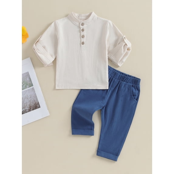 Kids Boys Summer Outfits Solid Color Buttons Short Sleeve Shirts and Elastic Waist Long Pants 2Pcs Clothes Set